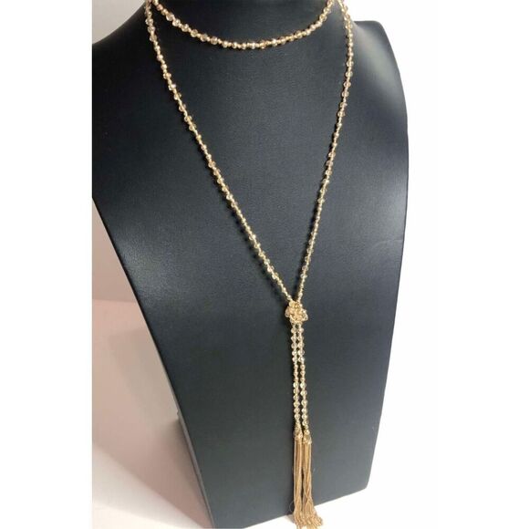 1239  gold tone knotted faceted beads long tassel y-drop Necklace 30" - Picture 1 of 3